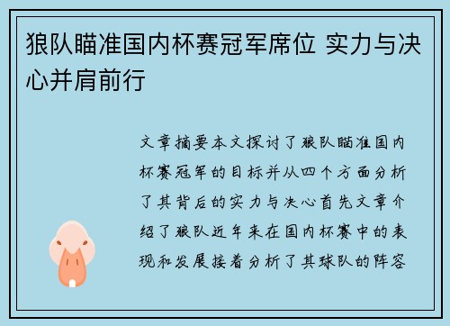 狼队瞄准国内杯赛冠军席位 实力与决心并肩前行